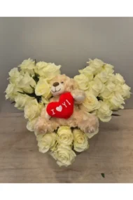 Boeket Hart 50cm witte rozen en beer - Afbeelding 2